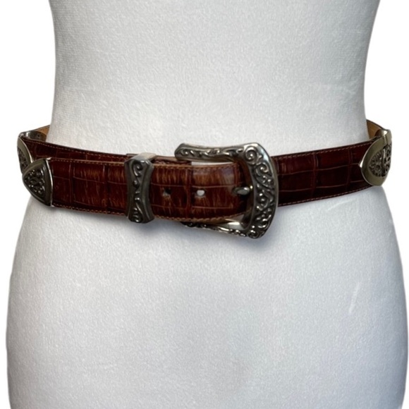 Brighton Accessories - Vintage Brighton Embossed Silver Brass Buckle Hinged Leather Brown Waist Belt